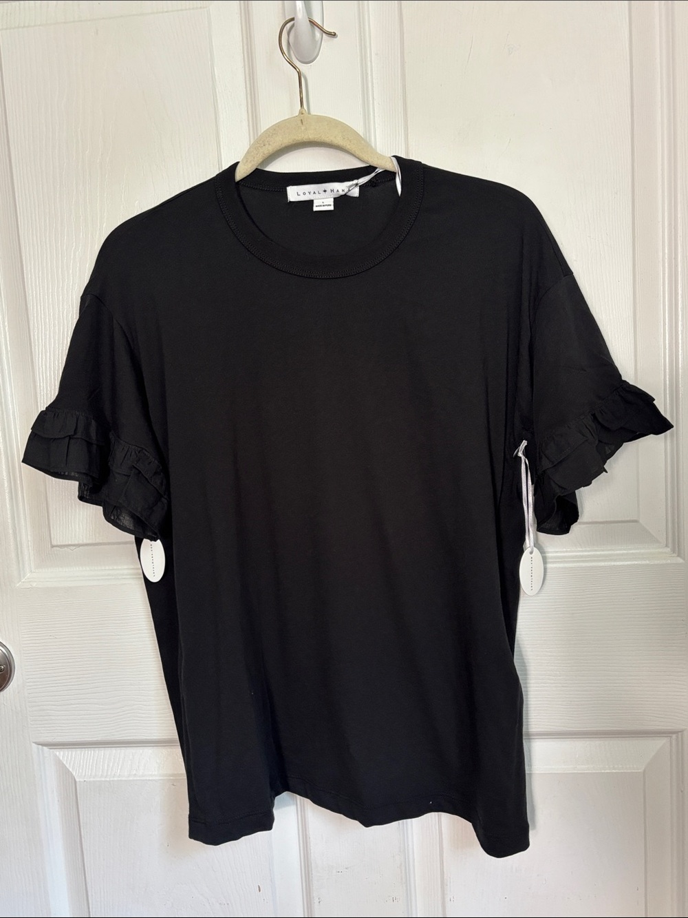 Loyal Hana black short ruffle sleeve maternity nursing shirt size Large baby top